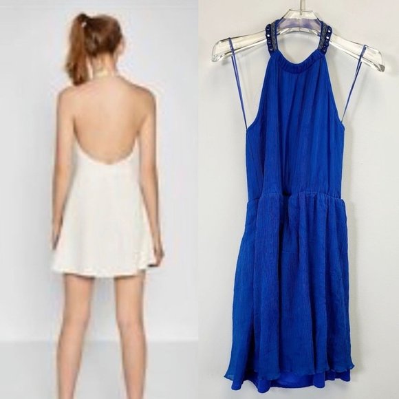 ZARA Dress Blue Mini SMALL Halter Beaded Open back Fit & Flare A-line Sparkle - Picture 1 of 10
